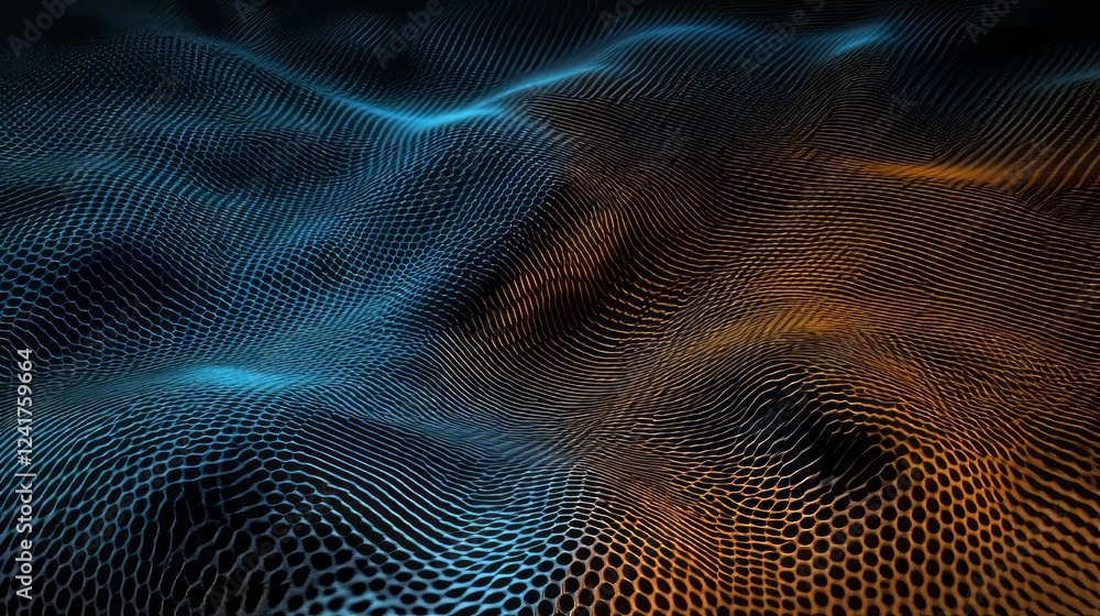 Poster 3d render of an abstract background with a blue and orange gradient mesh grid on a dark black surfac