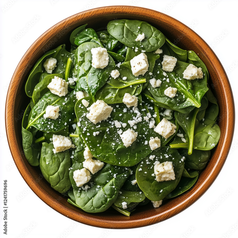 Poster Bowl of Spinach Salad, Salad Bowl Style, top view, stock photo, isolated on white, photorealistic food