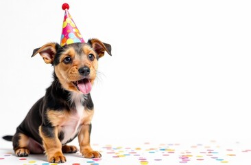 on the left is a portrait of a terrier dog in a cap on his head, the concept of a birthday celebration, around confetti on a white background, on the right is a place for text