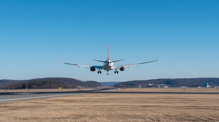 Fototapeta premium Airplane takeoff with landing gear retracting against clear blue sky