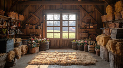 Barn interior filled with hay and rustic tools