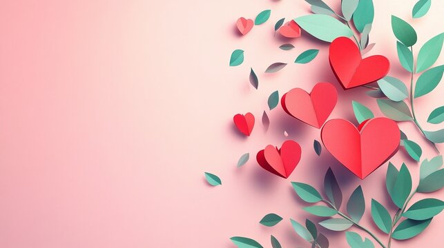 14 feb valentine card design red paper hearts with green leaves on light pink background
