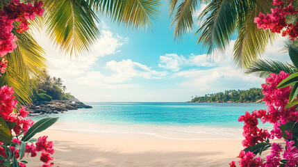 A tropical beach view with palm trees, colorful flowers framing the scene, and a tranquil turquoise ocean, symbolizing a peaceful vacation and natural beauty.