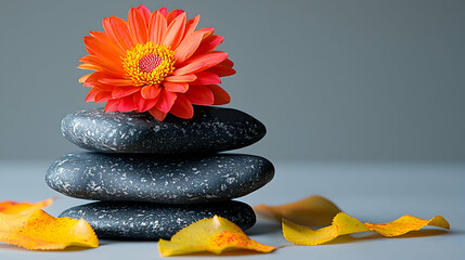 Tranquil orange gerbera flower atop stacked stones, autumn leaves; serene spa background, wellness imagery