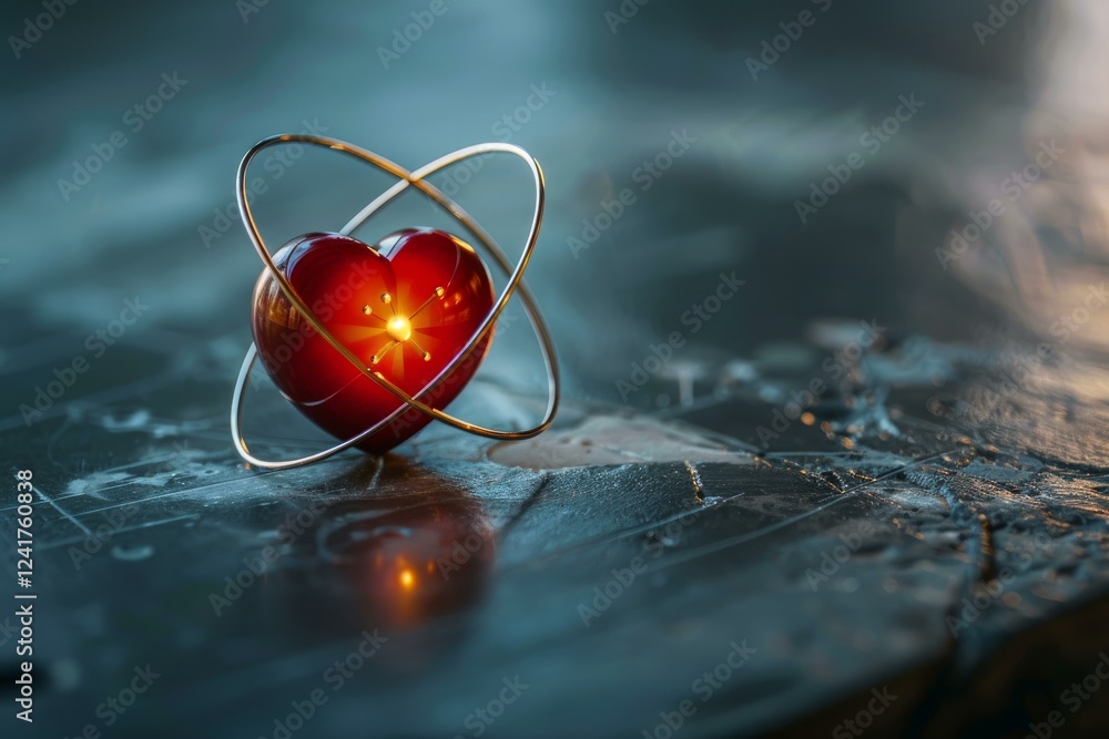 Poster red heart with an inner light is surrounded by two elliptical shapes, suggesting an atomic model