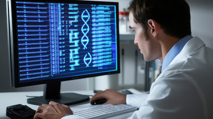 Scientist analyzing genetic data on computer screen in modern laboratory for research and innovation