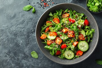 Fresh salad with cucumber, tomatoes, greens and sesame seeds in a bowl