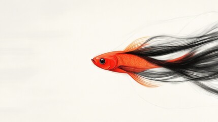 Fototapeta premium An orange fish with flowing black hair floats in a white water pond, its locks billowing in the breeze