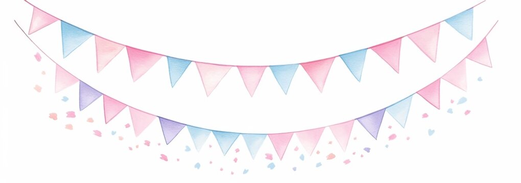 Cute pink and blue banner with light gray triangular flags on a white background