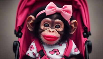 chimpanzee monkey girl with bow and red lips sitting in stroller and smiling,