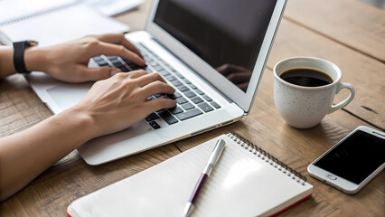 Close-up of hands typing on a laptop keyboard with a smartphone, notebook, and coffee cup nearby, symbolizing productivity and remote work."