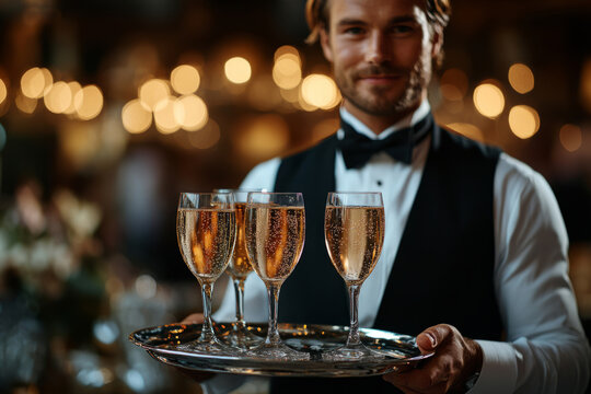 Elegant waiter serving champagne at luxury event