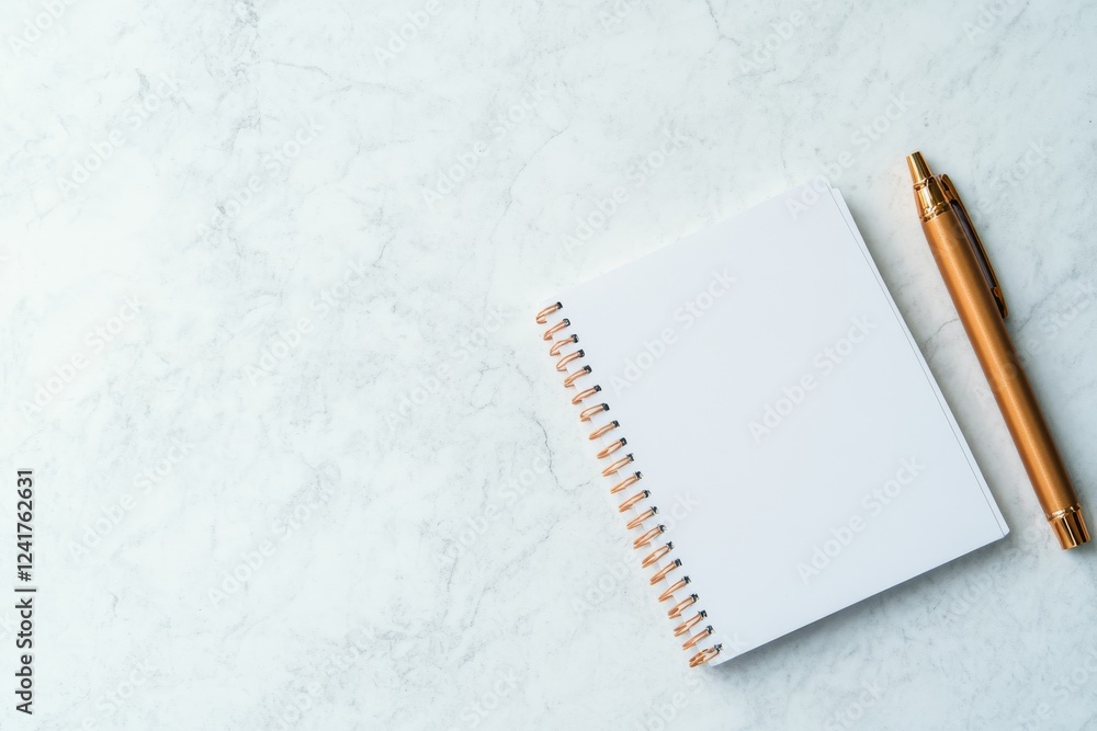 Aufkleber clean white marble provides a backdrop for a flat-lay of a white notepad and a pen, emphasizing the 
