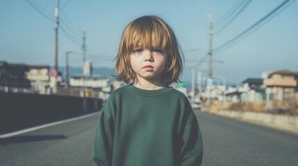 Fototapeta premium Child standing on road, suburban background, pensive expression, portrait