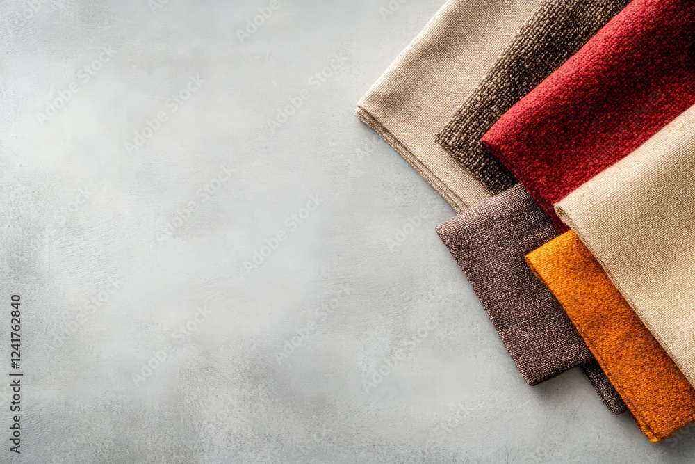 Poster Neatly arranged window blinds featuring various textures and colors lie on a light gray surface, creating an inviting visual with soft natural shadows