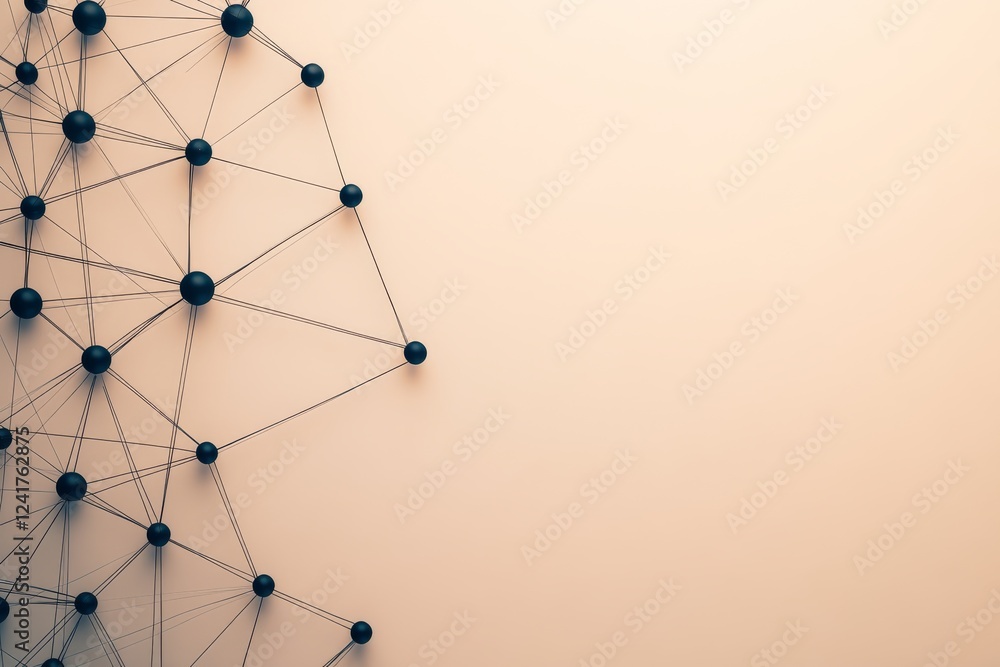 Poster Interconnected geometric shapes in metallic gray create a modern composition on a textured white background, providing space for digital science themes