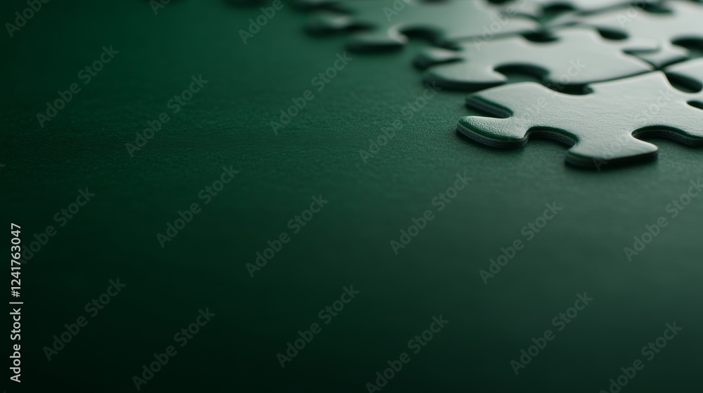 Poster Complex metallic puzzle pieces form an abstract pattern on a deep green surface, with soft shadows enhancing their intricate design and leaving space for text