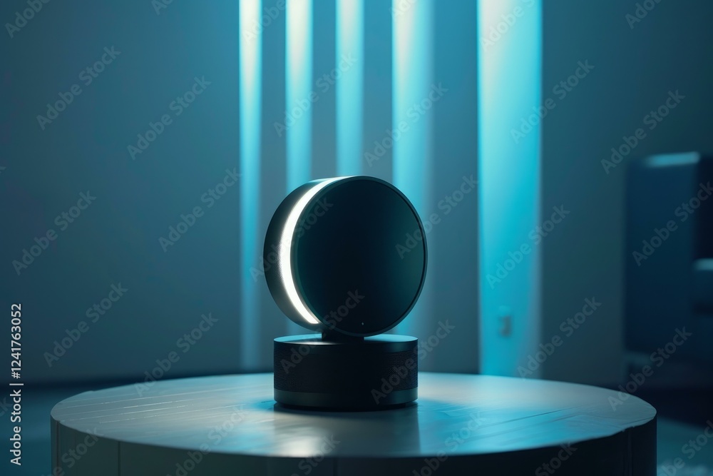 Poster modern smart speaker sitting on table is casting light upwards in empty room