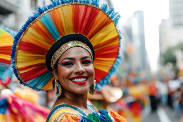 Smiling Woman in Vibrant Traditional Costume at Cultural Festival