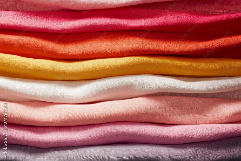 Fototapete Colorful folded garments display a vibrant arrangement on a clean white background, creating an inviting atmosphere with ample space for additional content