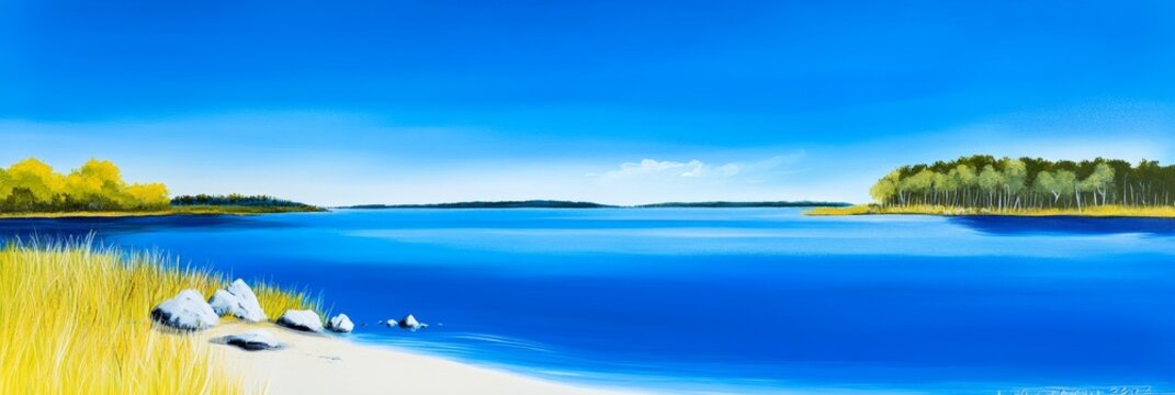 Serene Lakeside Summer - Calm lake scene with golden grasses, rocks, and a tranquil blue sky.  Perfect for relaxation and nature themes.