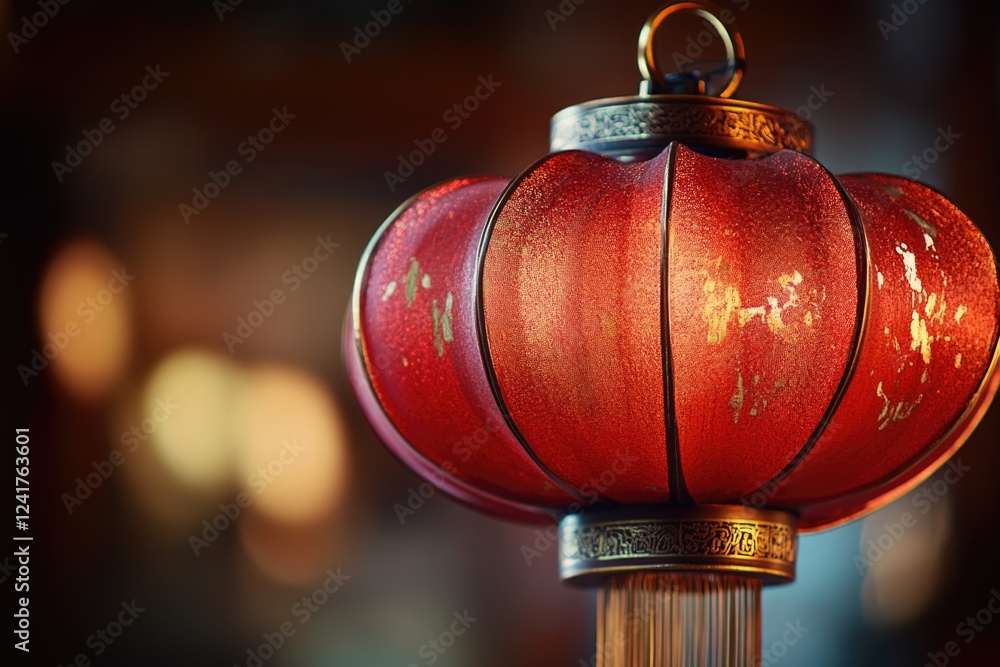 Poster a close-up shot of a red lantern on a pole, great for adding warmth and ambiance to your scene or de