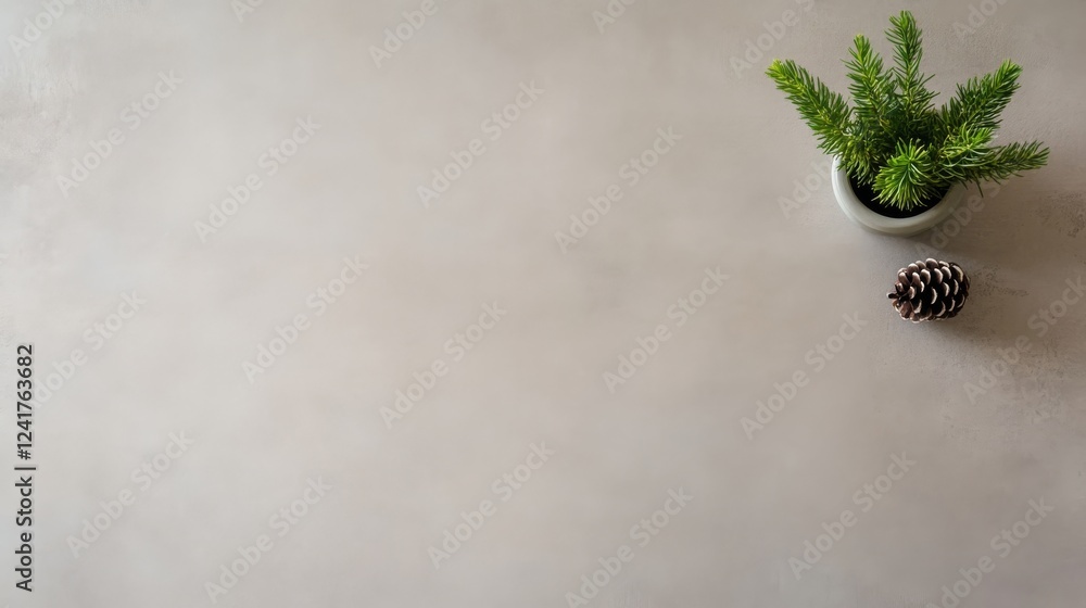 Poster A light wooden surface covered in snow features a solitary pine cone and a sprig of evergreen, with ample space for adding text on the right side
