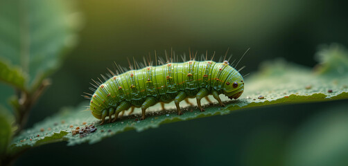Ultra-detailed 8K macro shot of a tiny caterpillar camouflaged on a leaf, showcasing intricate patterns, vibrant green tones, and soft natural light.