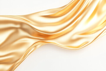 Fototapeta premium Gold silk fabric flowing gracefully against a white background showcasing texture and elegance