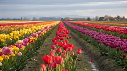 A vibrant field of tulips stretching into the distance under a cloudy sky.