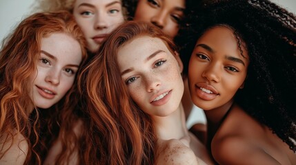 Obraz premium A vibrant gathering of five young women, each with unique hairstyles and skin tones, smiling happily together. Natural light enhances their features, creating a warm and inviting atmosphere