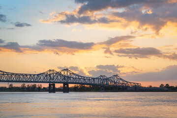 Natchez-Vidalia Bridge over the Mississippi River at sunset. Seen from Natchez, Mississippi