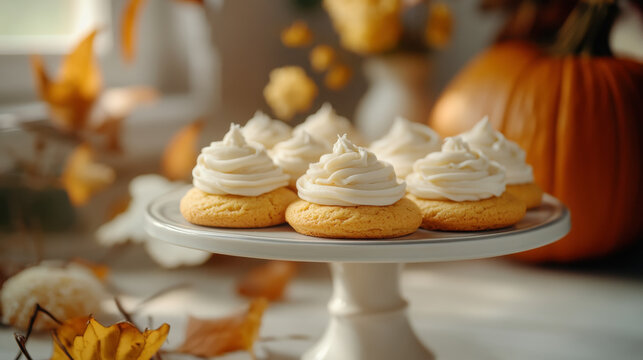 Delicious pumpkin cookies with cream cheese frosting on display in autumn setting