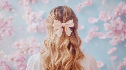 Elegant half up half down hairstyle with soft waves and bow, romantic floral background