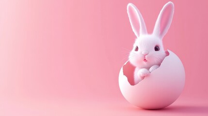 Obraz premium an adorable fluffy white bunny peeking out of a cracked eggshell against a soft pink background