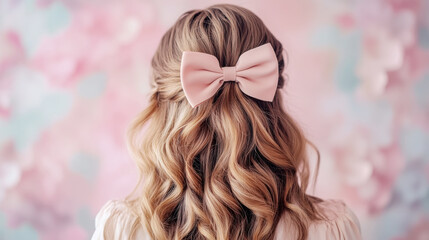 Elegant half up half down hairstyle with soft waves and pink bow on pastel background