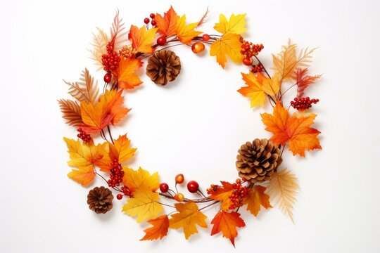 Beautiful autumn wreath decoration with colorful maple leaves, pine cones, and red berries on a white background, creating a festive fall atmosphere - Powered by Adobe