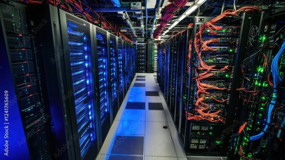 Poster illuminated server racks in a modern data center
