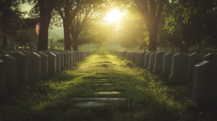 Obraz premium Serene Sunset Cemetery - Rows of headstones bathed in the golden light of a setting sun, creating a peaceful and contemplative atmosphere.