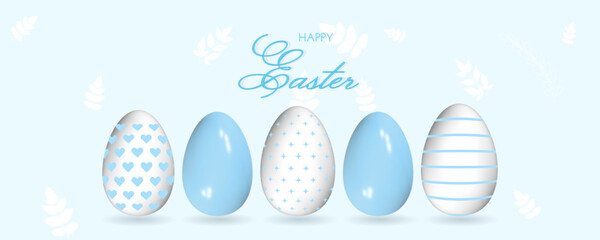 Easter banner with 3D painted eggs in the row. Realistic colorful eggs on blue background. Vector spring illustration