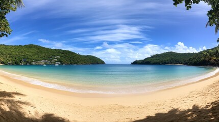 Fototapeta premium Serene Tropical Beach Cove - A picturesque cove with calm turquoise water lapping a pristine sandy beach, surrounded by lush green hills under a vibrant blue sky.