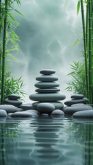Obraz premium Discovering tranquility through the art of stone stacking in a serene bamboo garden by water