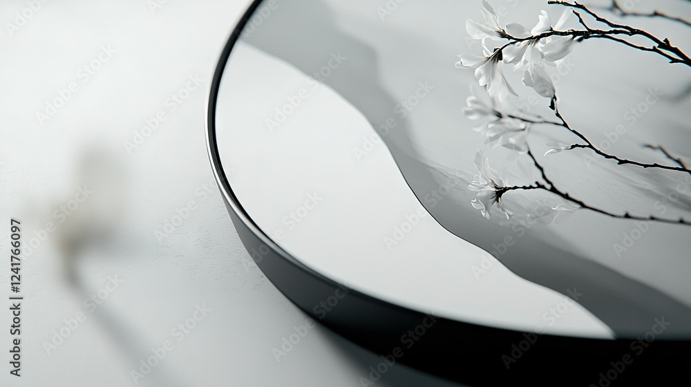 Poster a high-resolution photo of a transparent glass plate featuring a clear image of a tall tree in the f
