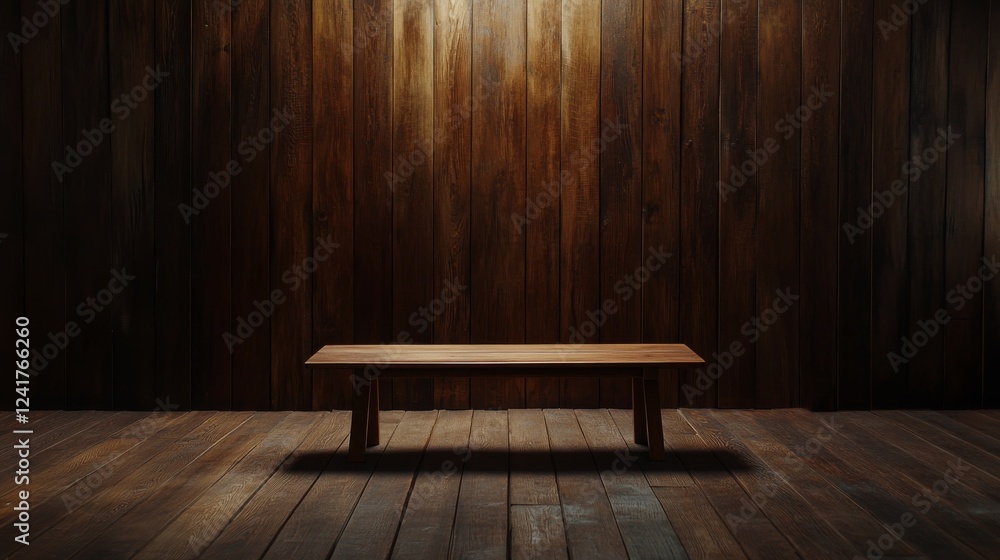 Aufkleber wooden table rests against a dark wood-paneled wall, softly illuminated by natural light. the simpli
