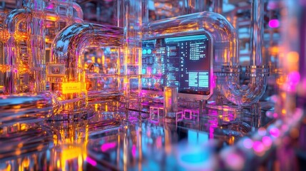 A medium closeup of a complex network of pipes and valves transporting fluid between various processing units. The gleaming metallic surfaces contrast with the vibrant colors of the