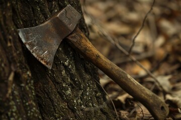 Old rusty axe is leaning against a tree trunk in the woods, surrounded by fallen leaves