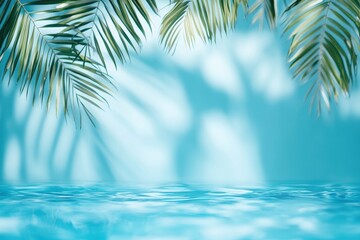 Discover a tranquil Summer oasis adorned with swaying palm leaves and serene calm waters glistening under a perfectly clear blue sky, inviting a sense of peace and relaxation all around