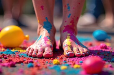 Vibrantly painted feet standing on the ground, surrounded by splashes of colorful powder and broken water balloons