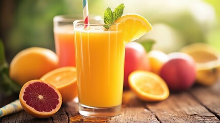 Fototapeta premium glass of orange juice garnished with a slice of orange and a sprig of mint, surrounded by fresh citrus fruits
