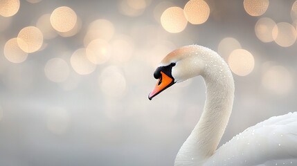 Fototapeta premium A white swan with an orange beak is standing against a blurry background with a bokeh of lights